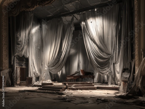 Hauntingly beautiful abandoned theatre stage with grand piano bathed in dramatic spotlight, evoking mystery and forgotten glamour