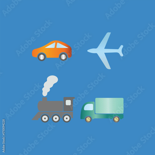 Modes of Transport: This illustration showcases various modes of transport on a gradient backdrop. Featuring a car, airplane, train and truck. Perfect for conveying the idea of travel and movement.