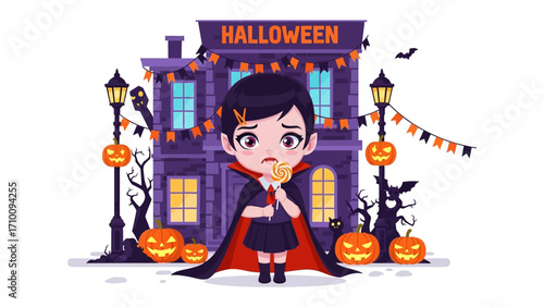 Halloween Night Mischief: A charming illustration of a young person dressed as a vampire, standing against a whimsical haunted house backdrop filled with spooky decorations.