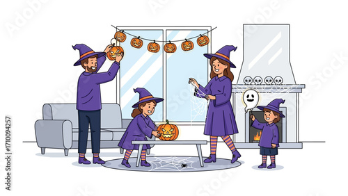 Halloween Family Decorations: A family revels in the Halloween spirit, adorning their home with festive decorations, embodying the joys of the season and family unity. 