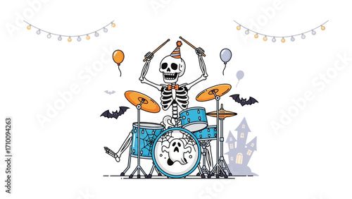 Halloween Skeleton Drummer: A spooky skeleton drummer plays with spirit, accompanied by festive decorations like balloons, bats, and a haunted house, all perfect for Halloween celebrations.