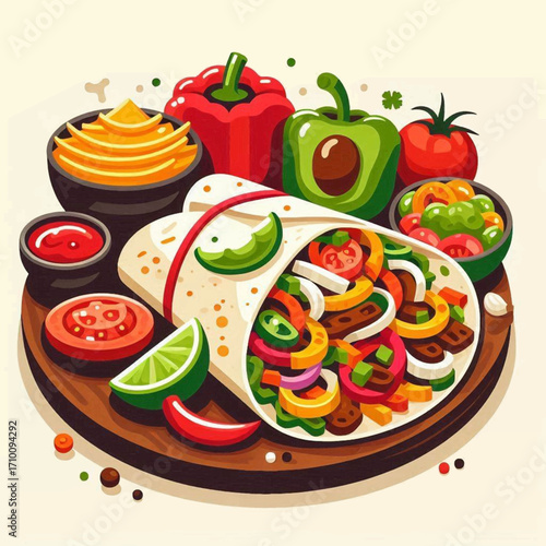 A vibrant illustration of a filled tortilla wrap on a wooden plate with colorful vegetables and condiments