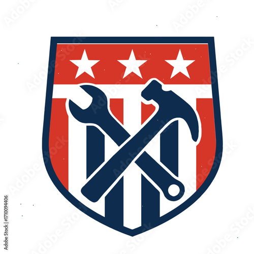 A shield emblem featuring American flag colors and crossed wrench and hammer, symbolizing repair and patriotism.