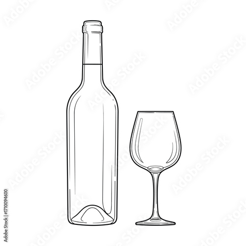 Vector art of elegant wine bottle and glass, , presented in a sophisticated line art style for a classic and refined aesthetic