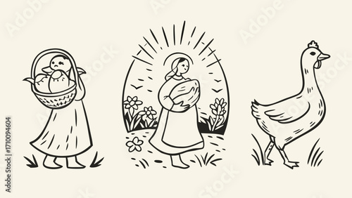 Vintage line art illustrations of farm life and a religious figure