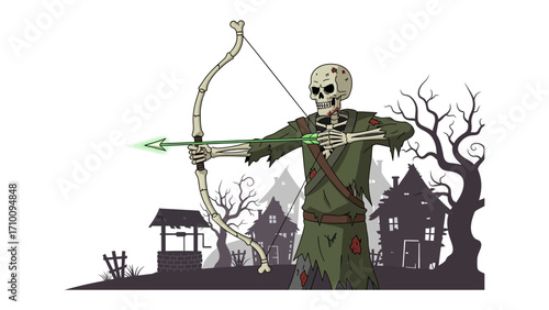 Skeleton Archer in Spooky Silhouette: An illustration of a skeleton archer, drawing back a bow amidst a haunting silhouette of spooky houses, a well and barren trees.