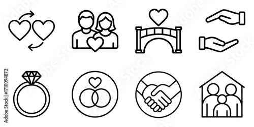 Love and relationship outline icons with hearts, couple, engagement ring, handshake, family, care and marriage symbols