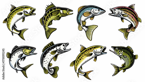 Collection of eight different types of game fish jumping