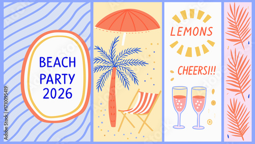 Beach party celebration with palm tree and drinks