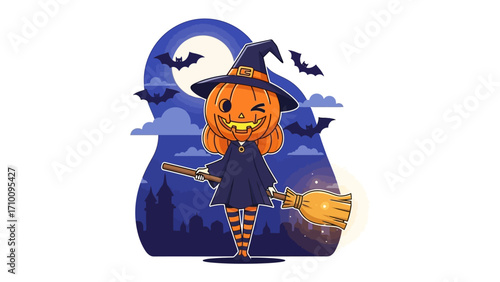 Spooky Witchy Jack-o'-Lantern: A whimsical illustration of a witchy jack-o'-lantern, adorned with a witch hat, broom in hand, against a night sky backdrop, sets a festive tone for a fun Halloween.