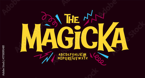 Witty bright font features bold bouncy serif letters in fun fairytale style, blending magic, mystery and childish energy into a playful typeface for party headlines, posters, logos. Vector typeface.