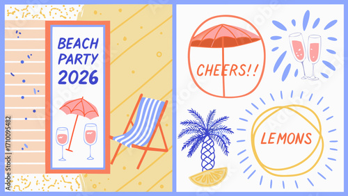 Beach party invitation with summer elements and drinks