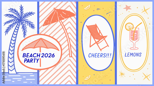 Retro beach party invitation with palm tree and drinks