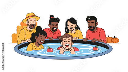 Fun at the Apple Bobbing: A diverse group of people engages in a spirited apple bobbing game, with a bright sky, embodying the joyous spirit of community and festive celebration.