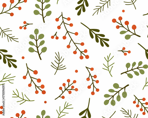 Seamless pattern of red berries and green leaves on white background