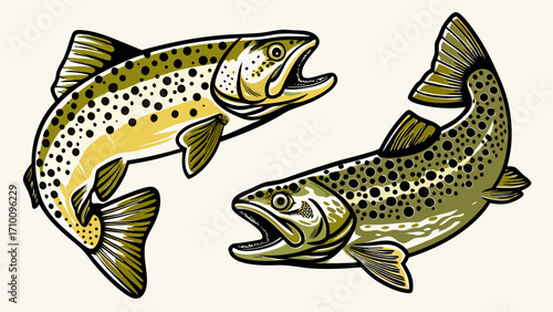 Two stylized brown trout fish illustration isolated on white background