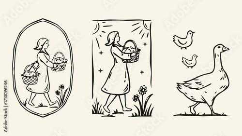 Vintage style illustration of a girl carrying baskets and geese