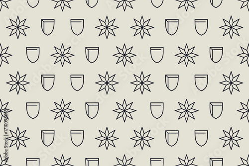 A repeating pattern of black outline stars and shields on a light beige background evenly distributed