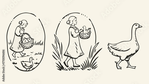 Vintage illustration of a girl collecting eggs and a goose