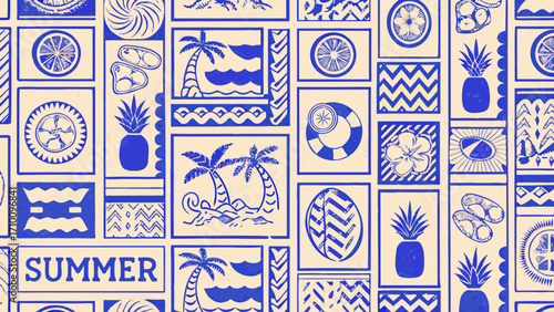 Blue and beige summer pattern with tropical motifs and word summer