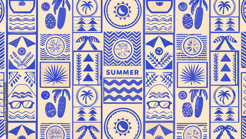 Blue and beige summer pattern with tropical and beach elements
