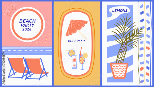 Triptych of summer beach party illustrations with drinks and palm tree