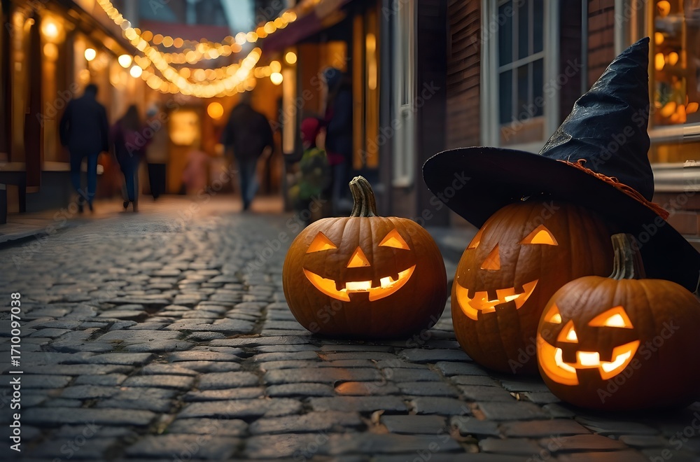 Fototapeta premium Halloween Pumpkin Display on Vintage Urban Street at Golden Hour with Fog, Carved Jack O’Lantern, String Lights and Autumn Market Atmosphere