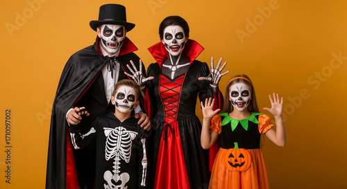 Family in Halloween costumes: parents and two children with skeleton face paint, against yellow background Free space for text