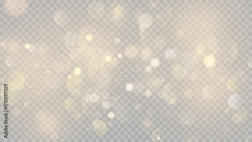 Golden dust light png. Christmas glowing bokeh confetti and sparkle overlay texture for your design. Stock royalty free vector illustration. PNG	