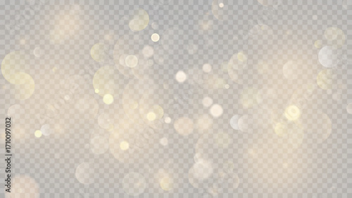 Golden dust light png. Christmas glowing bokeh confetti and sparkle overlay texture for your design. Stock royalty free vector illustration. PNG	