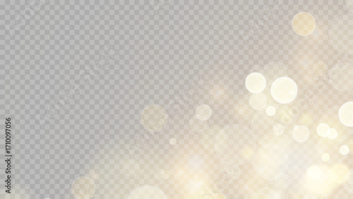 Golden dust light png. Christmas glowing bokeh confetti and sparkle overlay texture for your design. Stock royalty free vector illustration. PNG	