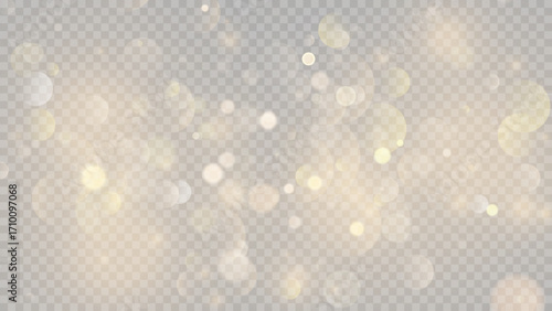 Golden dust light png. Christmas glowing bokeh confetti and sparkle overlay texture for your design. Stock royalty free vector illustration. PNG	