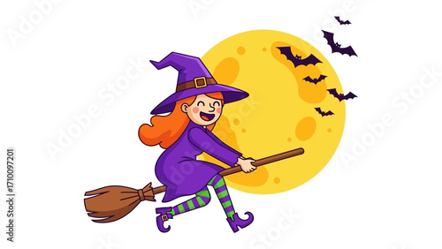 Whimsical Witch's Flight: An enchanting illustration depicts a smiling witch riding her broom against a radiant full moon, creating a magical Halloween scene.