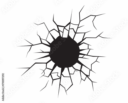 Black hole with radiating cracks on a white background