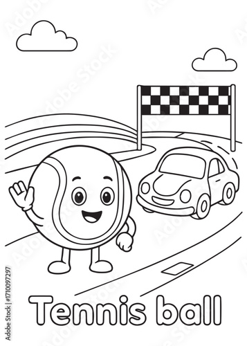 coloring book tennis ball at racing track with finish flag and car