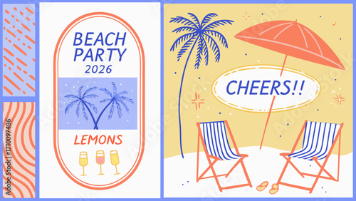 Summer beach party invitation with tropical vibes and celebration drinks