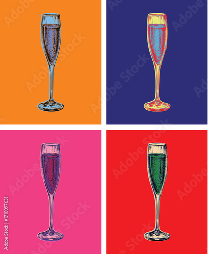 Champagne Glass Hand Drawing Vector Illustration Alcoholic Drink. Pop Art Style