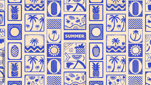 Summer vacation pattern with tropical fruits and palm trees