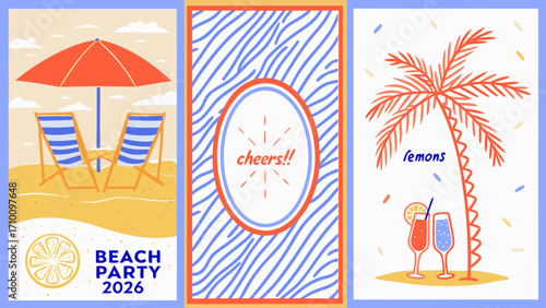 Triptych of summer beach party vibes with drinks and palm tree