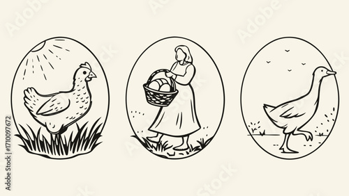 Farm life illustrations of chicken woman with egg basket and goose