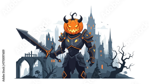 Pumpkin Knight Guardian of the Spooky Castle: A formidable pumpkin-headed knight stands ready, a glowing emblem of Halloween, vigilantly guarding the mysterious castle.