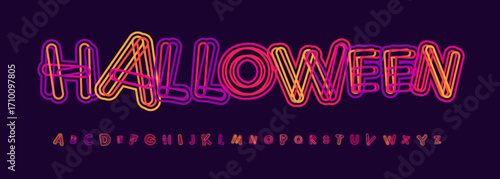 Spooky neon font features bold colorful letters with glowing retro style, combining horror, fun Halloween vibes into funky typeface for headlines, posters, invitations. Vector typeface