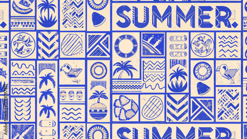 Blue and beige summer pattern with tropical elements and text