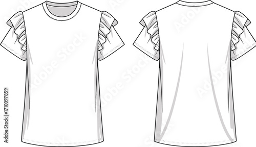 women’s top fashion flat sketch, short sleeve blouse technical drawing, ruffle sleeve shirt design, front and back view apparel illustration, garment construction vector template