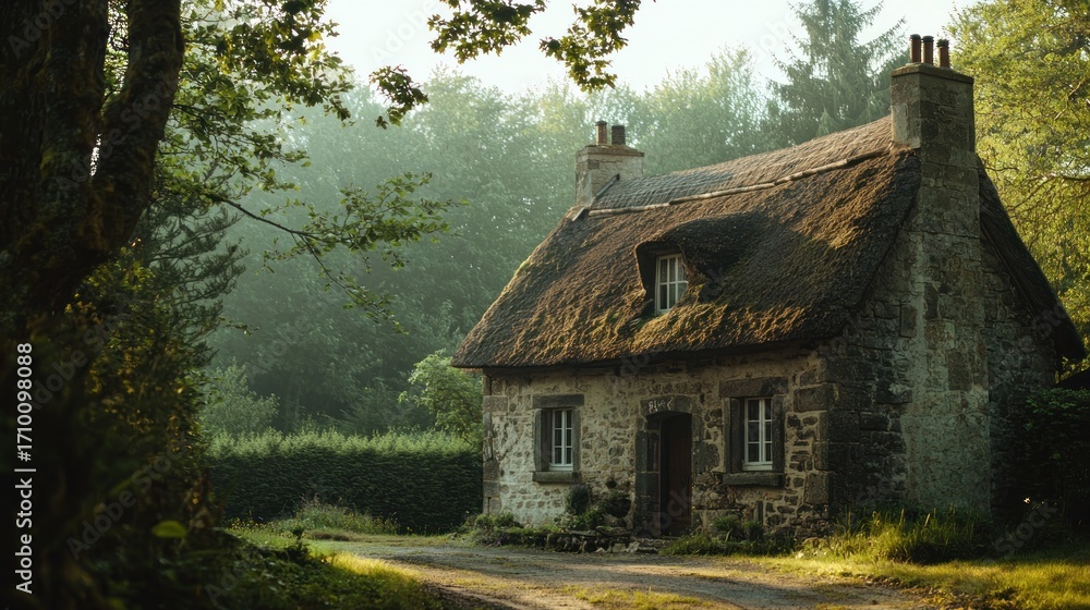 Fototapeta premium Stone cottage with thatched roof in misty forest.