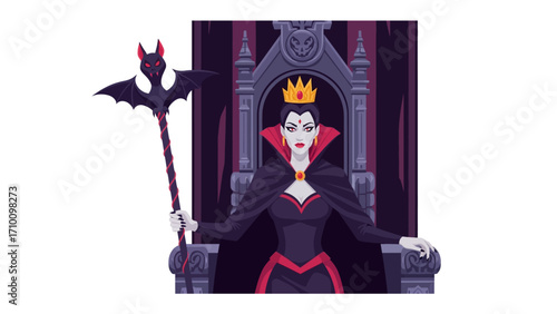 Regal Dark Queen: A stylized depiction of a powerful queen, seated regally on a throne, embodying an aura of authority and dark beauty. 