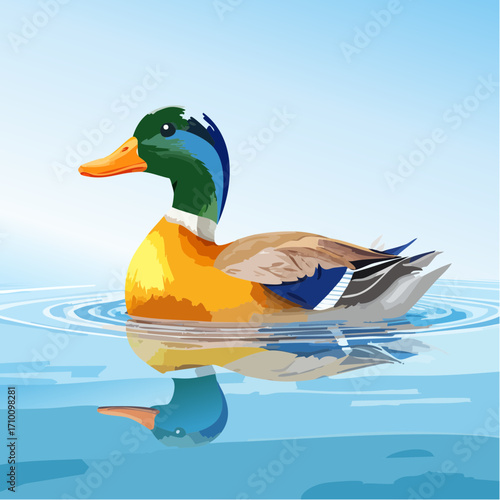 3D Ente, auf See schwimmend, Wasserreflexionen, sonniger Tag, fotorealistisch