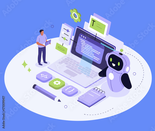 Artificial intelligence in hiring set. Characters use ai recruitment tools for business process, job searching, interview, cv writing. Human recourses concept. Vector illustration.