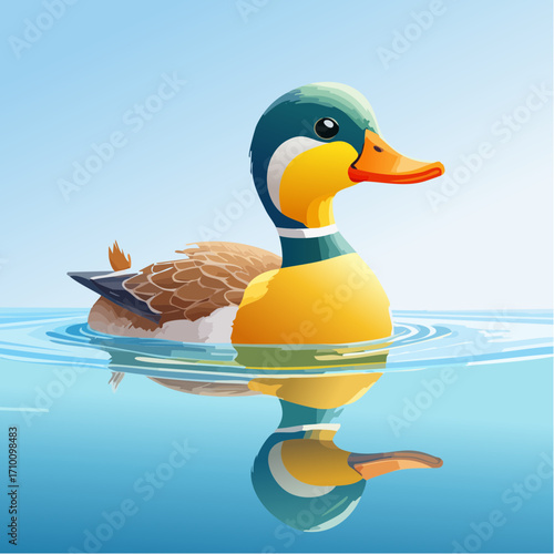 3D Ente, auf See schwimmend, Wasserreflexionen, sonniger Tag, fotorealistisch
