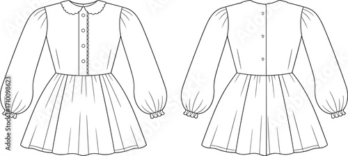technical fashion illustration, dress design front and back view, puffed sleeves, peter pan collar, button placket, flared skirt, garment construction, pattern making, apparel sketch